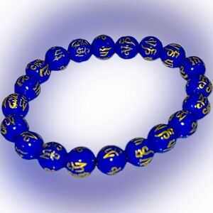 Om Mani Padme Blue and Gold Bead Stretch Bracelet Mantra Bracelet